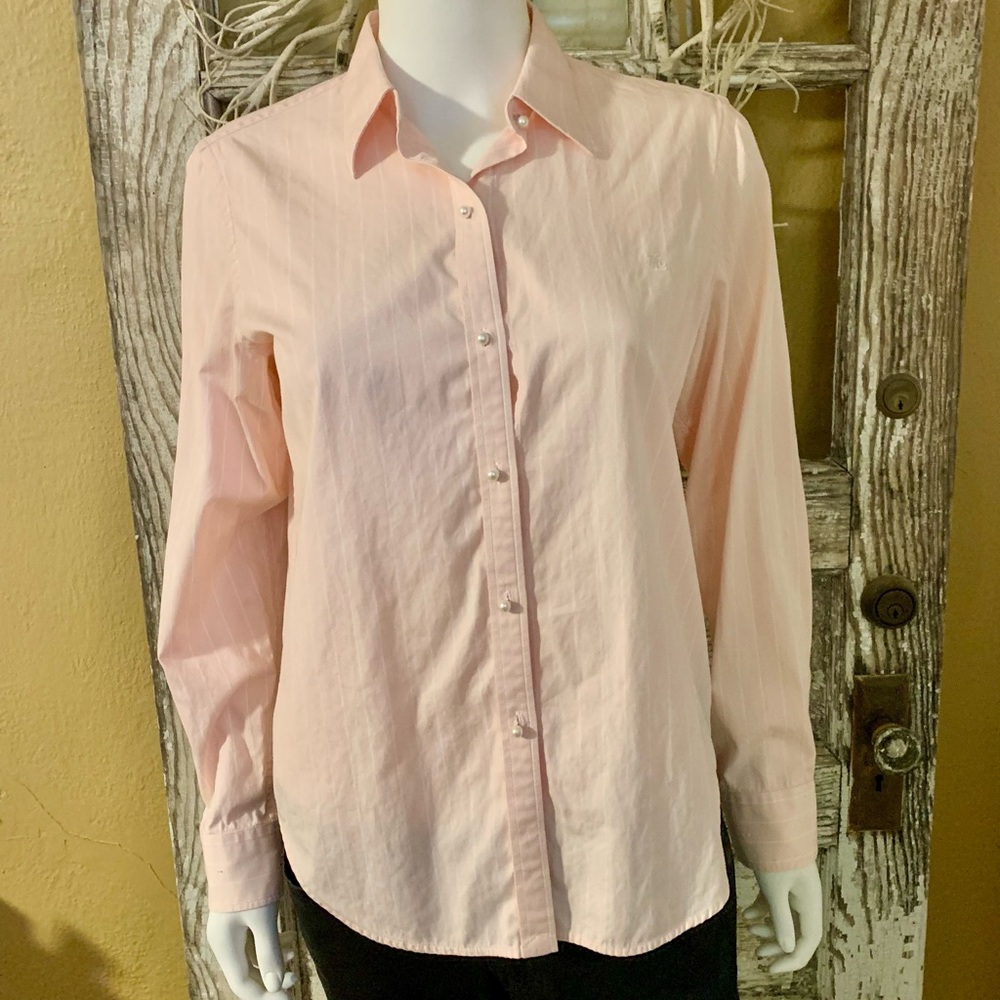 Ralph Lauren Pink and White Striped Pearl Button Down